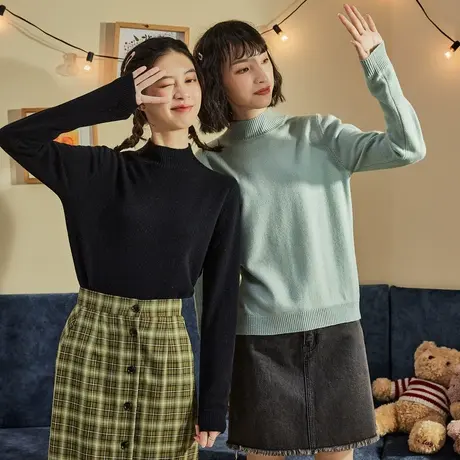 唐狮羊毛衫秋冬百搭学生羊毛衫打底毛衣女纯色半高领内搭黑白色图片