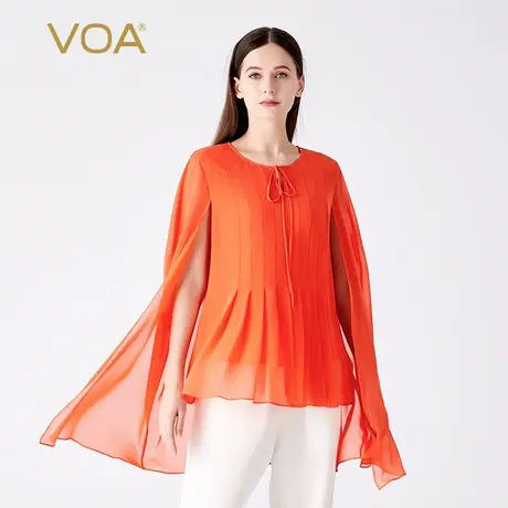 VOA桑蚕丝乔其纱柚橙色圆领系带披风百搭宽松简约直筒双层真丝T恤商品大图