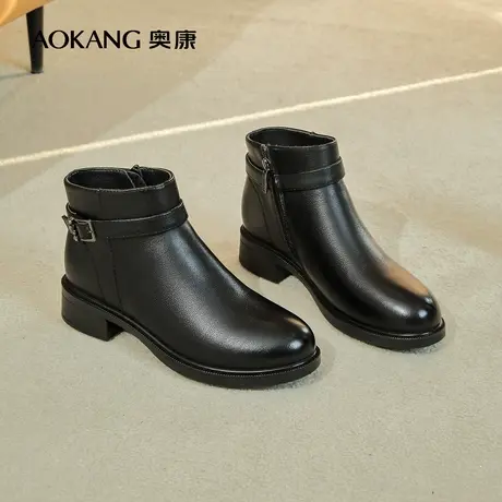 奥康女鞋 冬季新款舒适加绒保暖妈妈靴粗跟时装靴及踝靴短靴图片