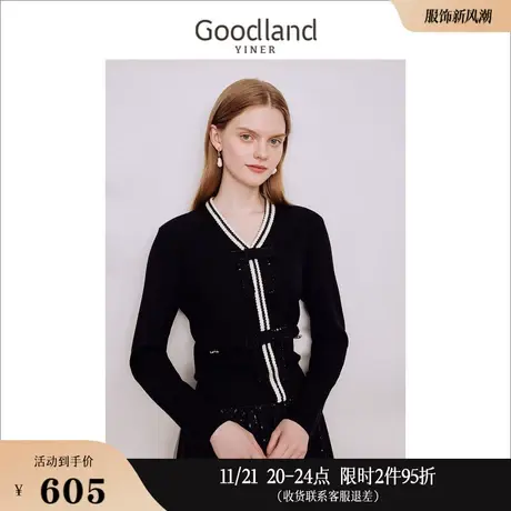 [柔滑天丝]Goodland美地女装2023秋季蝴蝶结莱赛尔针织衫套头商品大图