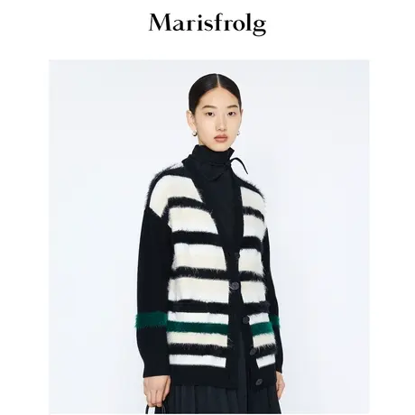 【羊毛针织开衫】玛丝菲尔毛针织衫冬季新黑白条纹羊毛针织开衫商品大图