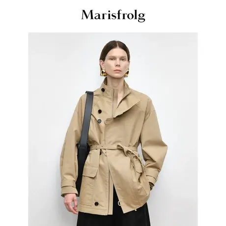 【筑感美学】Marisfrolg玛丝菲尔卡其色立领时尚收腰风衣外套图片