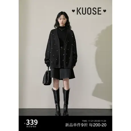 阔色黑色V领小香风珍珠开衫女2023秋冬季新款宽松针织衫外套毛衣图片