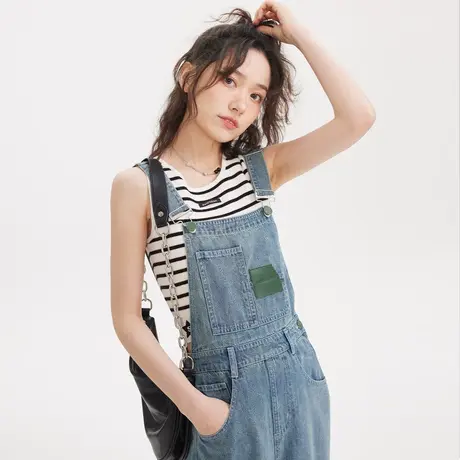 尔给高腰盐系法式桔梗牛仔背带裤女2023新款小个子设计感直筒裤图片