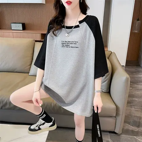 小众设计感短袖t恤女夏季韩版宽松大码女装中长款不规则撞色上衣商品大图