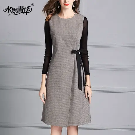 【1件7.9折】冬装新品时尚经典百搭无袖裙修身千鸟格毛呢连衣裙图片