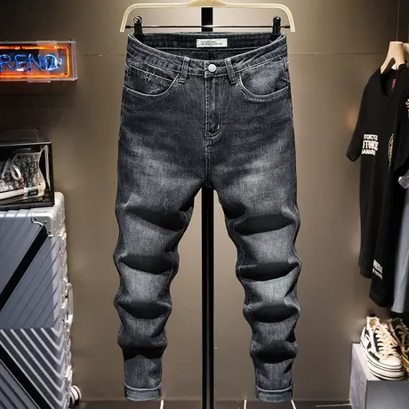 夏季薄款黑灰色日系复古做旧牛仔裤男百搭长裤子男韩版潮流宽松潮图片