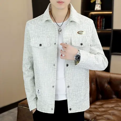 工装翻领夹克男士潮牌时尚2023新款秋季青年痞帅气格纹高级感外套商品大图