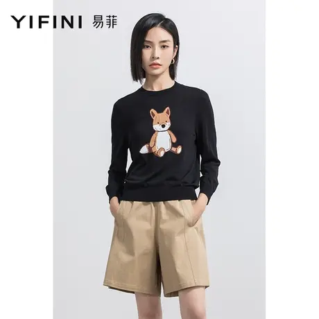 Yifini/易菲宽松长袖刺绣套头毛衫薄款女春秋新款打底衫上衣商品大图