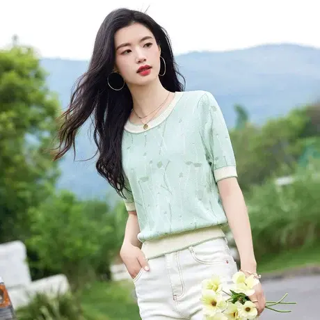 时尚休闲圆领短袖针织衫女士2023年夏季新款小众设计感上衣商品大图