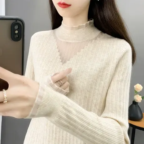 蕾丝打底衫女内搭洋气秋装2023年新款修身套头毛衣小心机针织上衣图片