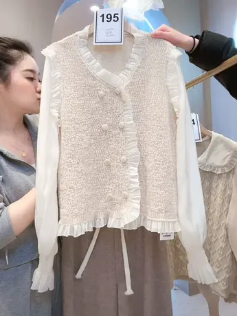 很仙的上衣春装新款女甜美百搭假两件衬衫拼接小香风V领针织开衫商品大图