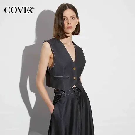 COVER夏季V领明线短款冰丝马甲图片