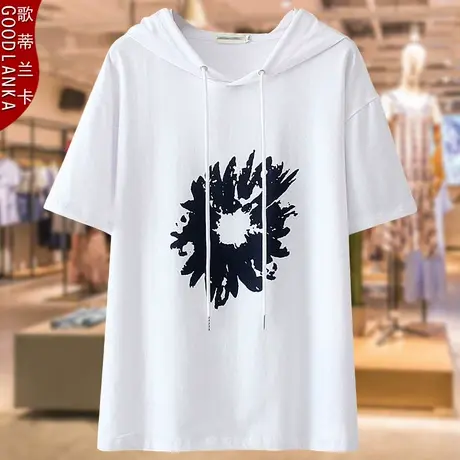 大码女装中年妈妈夏装纯棉t恤宽松时尚印花连帽上衣短袖T恤200斤商品大图