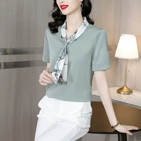 2023夏季新款法式甜美气质蝴蝶结V领带设计感小众短袖衬衫女上衣商品大图