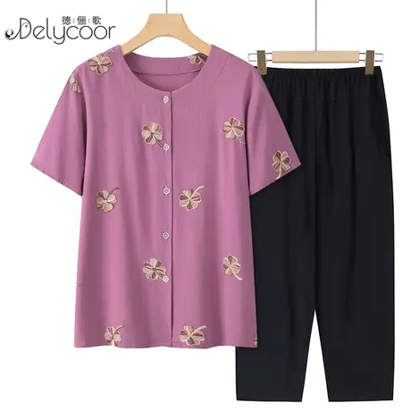 妈妈短袖夏装2023新款开衫上衣中老年人女装衬衫棉绸套装奶奶衣服商品大图