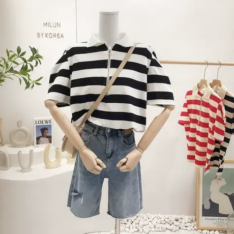 2022夏季新款polo领上衣韩国东大门设计感半拉链翻领短袖T恤条纹图片