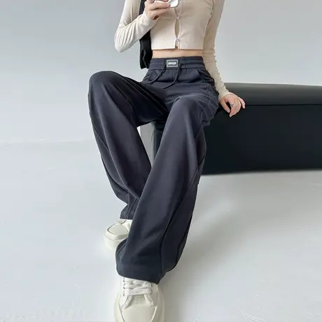 灰色运动阔腿裤女春秋款高腰垂感宽松束脚抽绳两穿美式直筒卫裤子商品大图