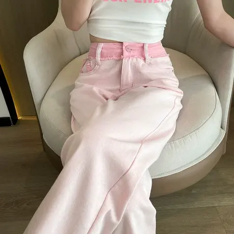 粉色阔腿牛仔裤女2025年春秋新款高腰窄版宽松显瘦时尚直筒拖地裤商品大图