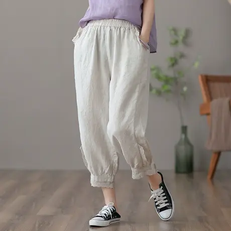 dza 高腰显瘦棉麻九分休闲裤子女士夏季薄款白色宽松阔腿裤亚麻裤商品大图