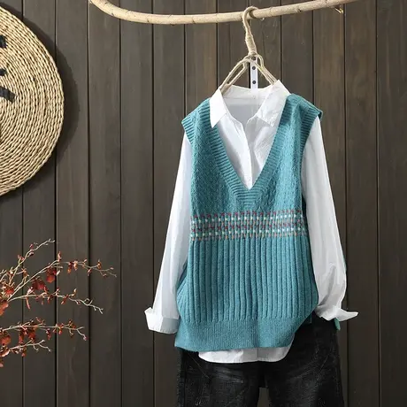 枫谜2021年秋装新款文艺简约V领针织马夹女宽松休闲针织坎肩毛衣图片