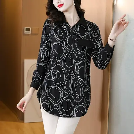 衬衫女长袖早秋新款宽松加肥加大码女装上衣中长款遮肚子休闲衬衣商品大图