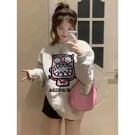 美式复古hiphop潮牌卫衣女2023春秋薄款宽松设计感小众慵懒风外套图片