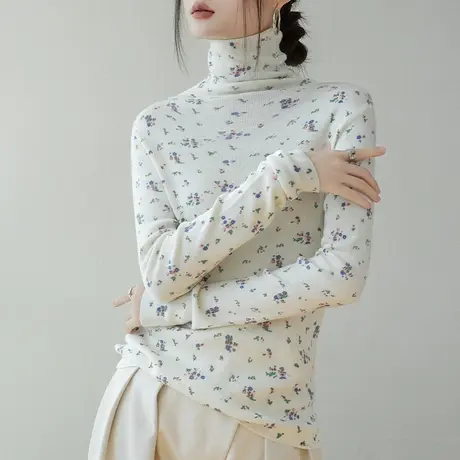 法式碎花长袖打底衫女秋冬修身显瘦洋气堆堆领内搭羊毛针织衫上衣图片