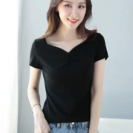 黑色短袖t恤女设计感露锁骨v领修身显瘦2024新款螺纹时尚洋气上衣商品大图