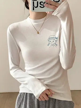 初秋季白色仿棉长袖t恤女2023新款冬季加绒洋气内搭打底衫上衣服商品大图