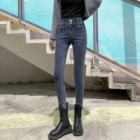 牛仔裤女加绒加厚春季夏季高腰修身百搭显瘦紧身小脚铅笔chic裤子图片
