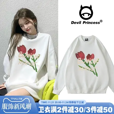 vintage慵懒风宽松白色卫衣女2023年新款ins风小众韩版加绒上衣潮商品大图