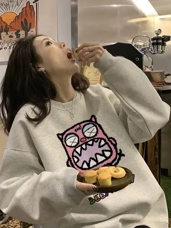 美式卡通卫衣女加绒秋冬大码chic慵懒风高级感ins潮加厚圆领上衣商品大图