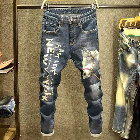 蓝色弹力牛仔裤男潮牌修身小脚裤子春秋款印花高端直筒男裤个性厚商品大图