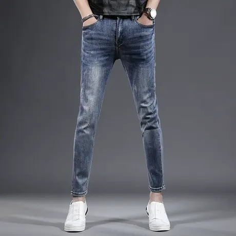蓝色九分牛仔裤男修身小脚2023新款夏季薄款弹力休闲男士裤子9分商品大图
