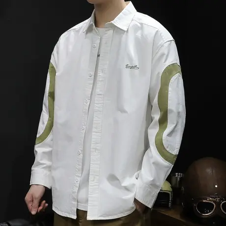 春季2024新款白色拼接衬衣外套男士衬衫长袖男休闲春秋衬衫男美式商品大图