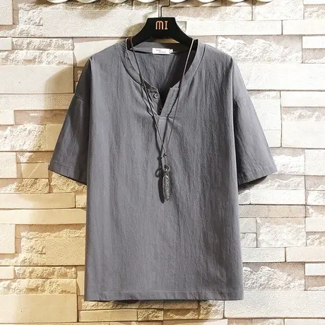 亚麻t恤男中国风男装短袖上衣夏季薄款复古体恤男士棉麻套装衣服商品大图