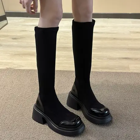 复古靴子长靴女靴2023冬季新款网红高筒长筒靴厚底高跟弹力瘦瘦靴图片