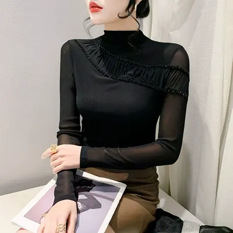 黑色加绒半高领T恤女长袖性感网纱烫钻拼接秋冬上衣洋气修身小衫商品大图