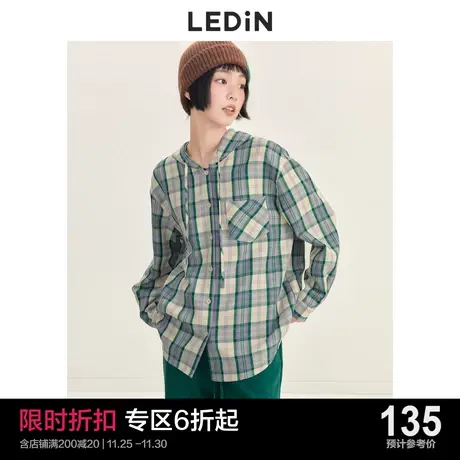 乐町连帽格子衬衫休闲冬季新款外套式衬衫女宽松设计感商品大图