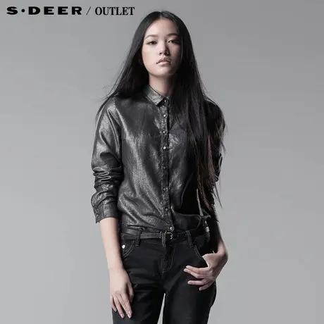 sdeer圣迪奥女装黑色亚麻亮面衬衣衬衫女长袖3380562图片