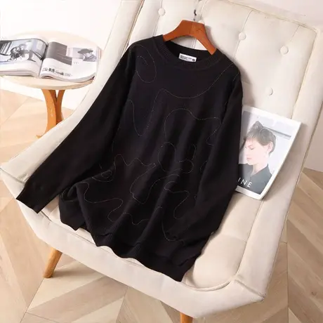 2024春季新款大码女装时尚毛衣女胖mm针织衫宽松显瘦黑色长袖上衣图片