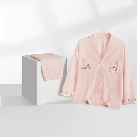 2024新品都市丽人印花可爱甜美棉质透气V领开襟女家居服睡衣套装图片