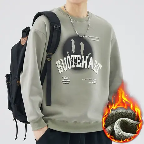 冬季男款加绒加厚圆领卫衣秋冬款男生内搭重磅潮牌痞帅长袖上衣服图片