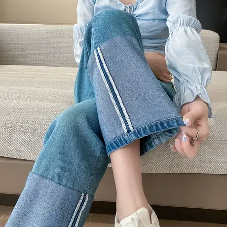 设计感高腰九分直筒牛仔裤女法棍裤春秋拼接撞色显瘦小个子阔腿裤图片