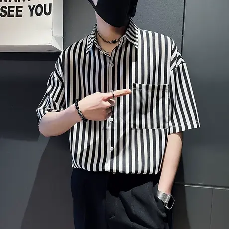 短袖衬衫男夏季新款条纹潮牌痞帅宽松个性衬衣潮ins百搭学生外套商品大图