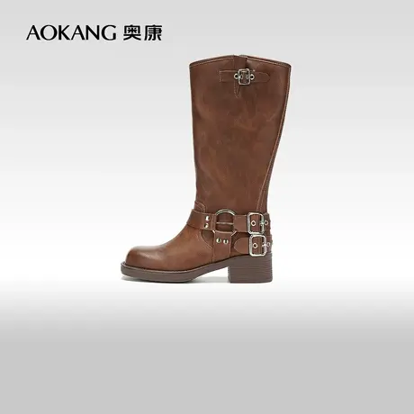 【门店发货】奥康女鞋 2023冬季新款美拉德长筒骑士靴西部牛仔靴商品大图