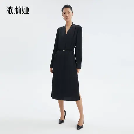 换购|歌莉娅春秋季新款22姆米真丝长袖连衣裙通勤黑色V领长裙图片