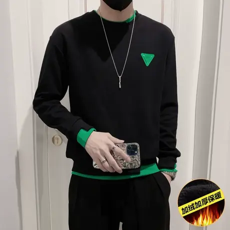 春秋季撞色假两件加绒卫衣外套男装新款长袖t恤潮流休闲冬款上衣商品大图