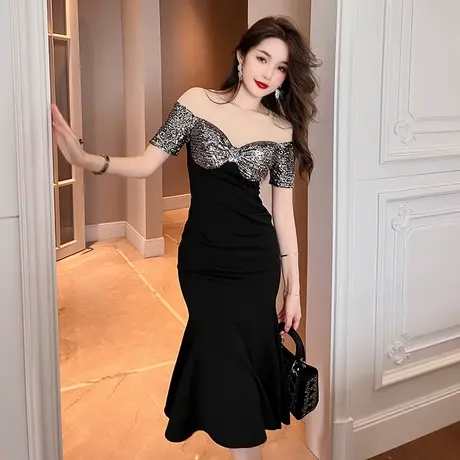 法式一字肩网纱拼接宴会晚礼服气质收腰减龄鱼尾连衣裙2024夏季女图片